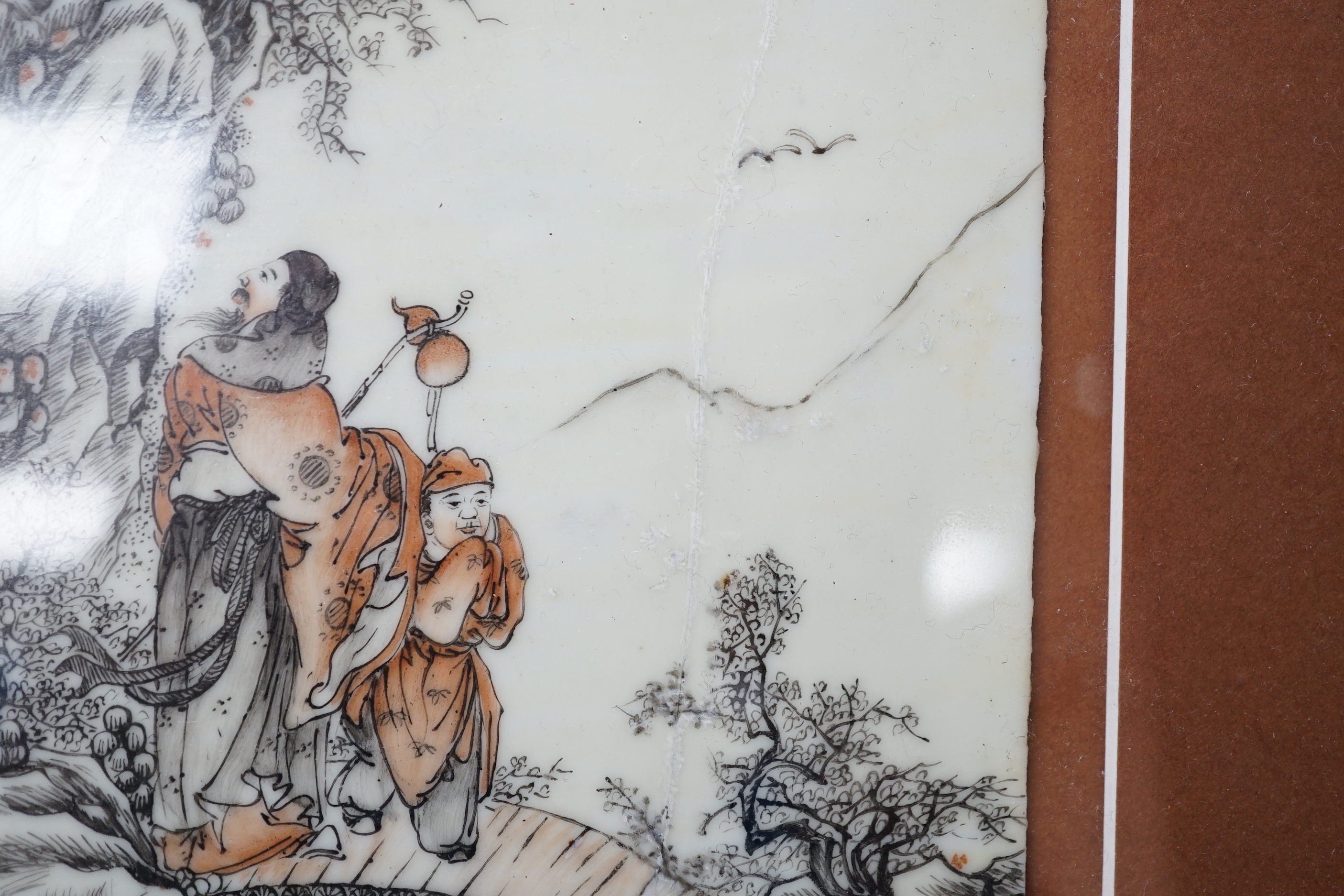 A Chinese porcelain plaque, 13cm wide x 19.5cm high (restored)